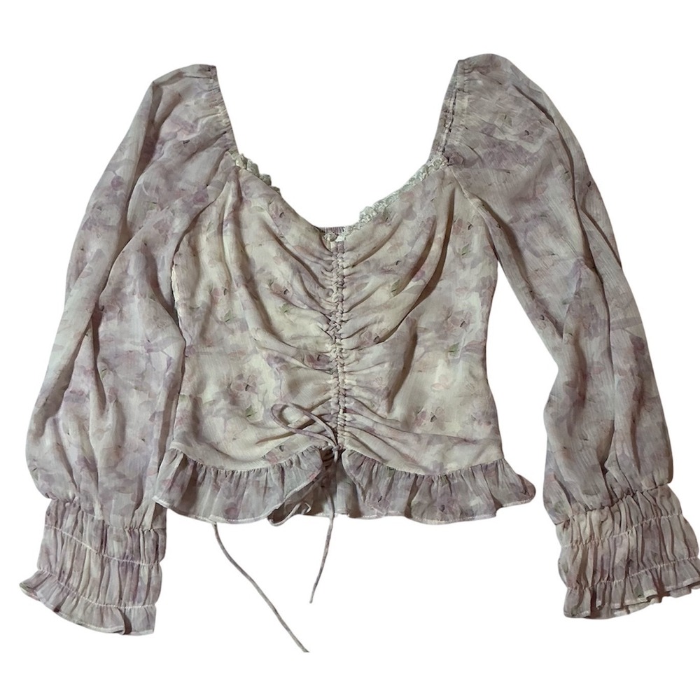 Lush Floral Ruched Drawstring Smocked Back‎ Long Sleeve Blouse Purple Cream S